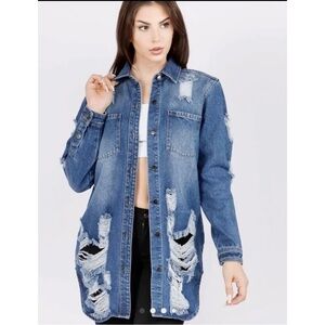 American Bazi Sz M Long Tunic Distressed Ripped Denim Duster Jacket NEW